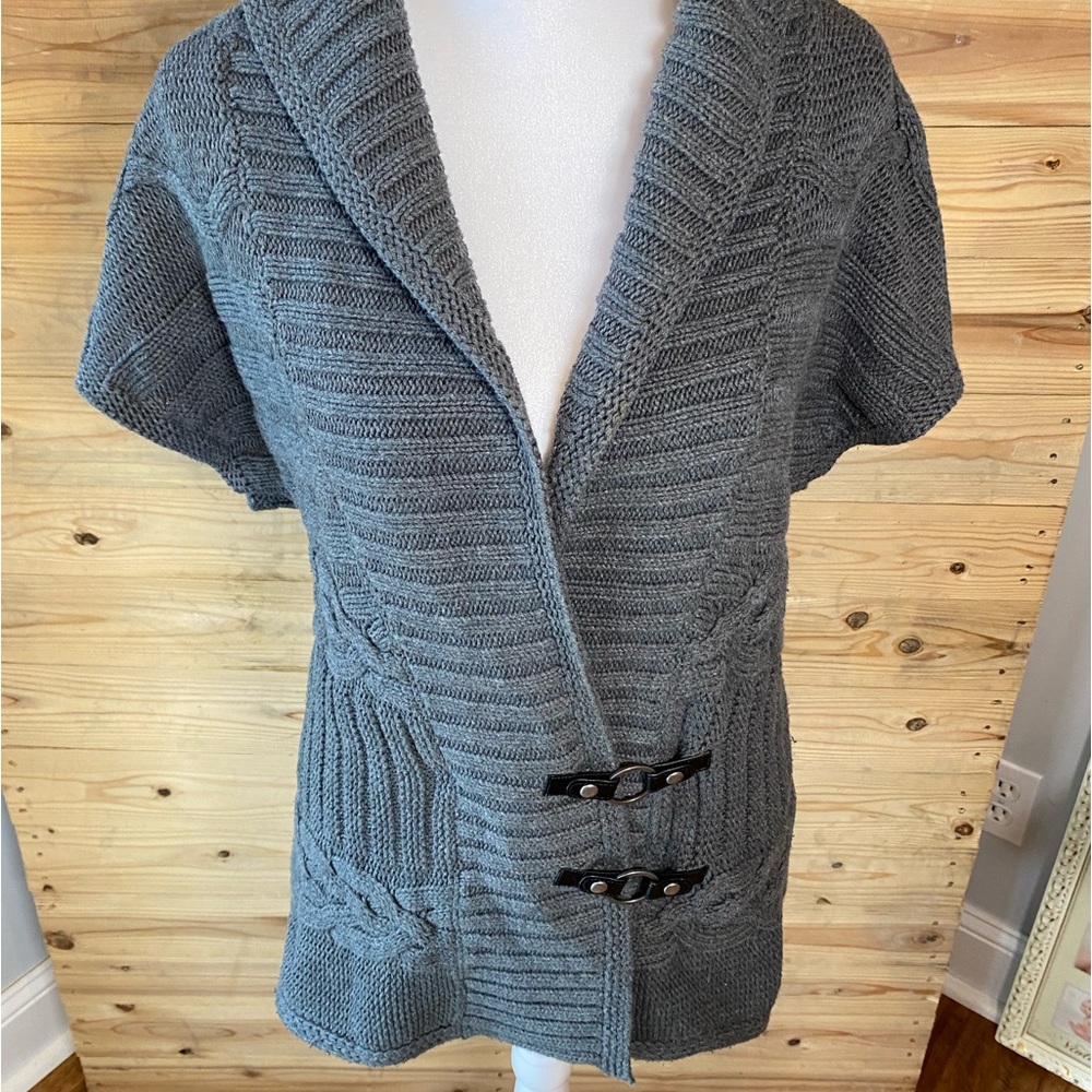 Tommy Hilfiger Grey Cable knit wrap sweater vest with black leather details